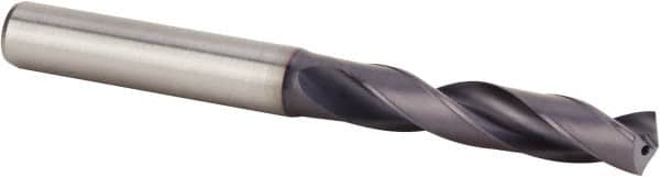 Kennametal - 0.29" 140° Spiral Flute Solid Carbide Screw Machine Drill Bit - Multilayer TiAlN Finish, Right Hand Cut, 41mm Flute Length, 79mm OAL, Standard Point, Straight Shank, Through Coolant - Americas Industrial Supply