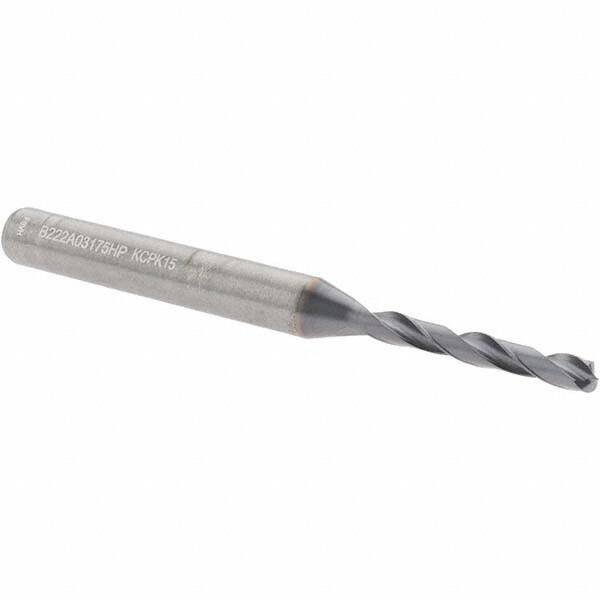 Kennametal - 1/8" 135° Solid Carbide Jobber Drill - Multilayer TiAlN Finish, Right Hand Cut, Spiral Flute, Straight Shank, 66mm OAL, Standard Point - Americas Industrial Supply
