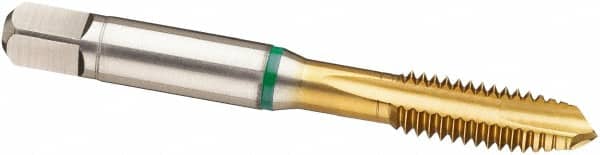 Guhring - #8-32 UNC, 3 Flute, TiN Finish, Cobalt Spiral Point Tap - Plug Chamfer, Right Hand Thread, 2.13" OAL, Series 3986 - Exact Industrial Supply