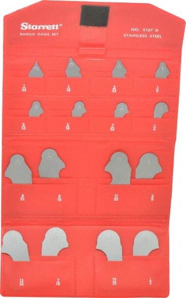 Starrett - 16 Piece, 1/32 to 1/2 Inch Radius, Stainless Steel Radius Gage Set - Satin Chrome Coated - Americas Industrial Supply
