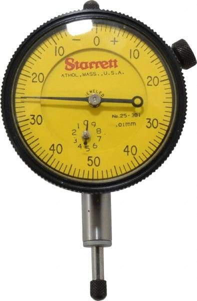 Starrett - 10mm Range, 0-50-0 Dial Reading, 0.01mm Graduation Dial Drop Indicator - 2-1/4" Dial, 1mm Range per Revolution - Americas Industrial Supply