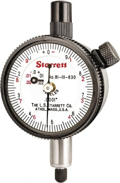 Starrett - 0.025" Range, 0-10 (Continuous), 0-5-0 (Balanced) Dial Reading, 0.0001" Graduation Dial Drop Indicator - 1-11/16" Dial, 0.01" Range per Revolution, Revolution Counter - Americas Industrial Supply