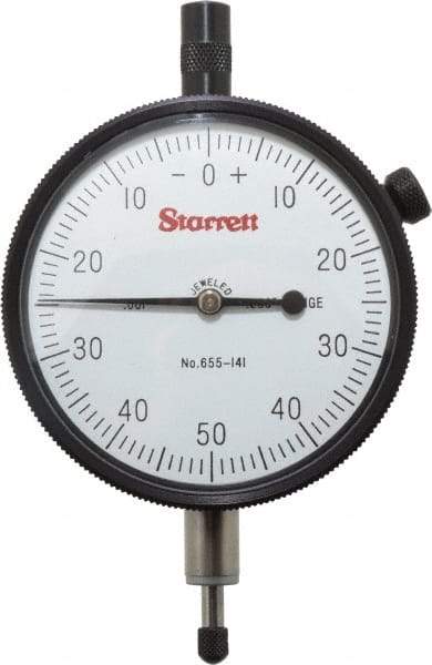 Starrett - 1/4" Range, 0-50-0 Dial Reading, 0.001" Graduation Dial Drop Indicator - 2-3/4" Dial, 0.1" Range per Revolution - Americas Industrial Supply