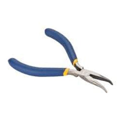 Irwin - 5" OAL, 1-1/4" Jaw Length x 9/16" Jaw Width, Long Nose Needle Nose Pliers - Serrated Jaw, Curved Head, Dipped Vinyl Handles, with Spring - Americas Industrial Supply