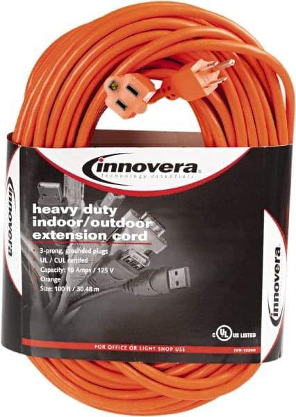 innovera - 100', 16/2 Gauge/Conductors, Orange Indoor & Outdoor Extension Cord - 1 Receptacle, 10 Amps, NEMA 5-15R - Americas Industrial Supply