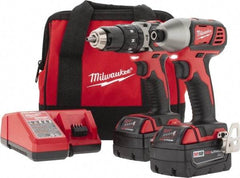 Milwaukee Tool - 18 Volt Cordless Tool Combination Kit - Includes 1/2" Hammer Drill & 1/4" Hex Compact Impact Driver, 2 Lithium-Ion Batteries Included - Americas Industrial Supply