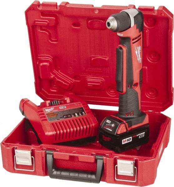 Milwaukee Tool - 18 Volt 3/8" Chuck Right Angle Handle Cordless Drill - 0-1500 RPM, Keyless Chuck, Reversible, 1 Lithium-Ion Battery Included - Americas Industrial Supply