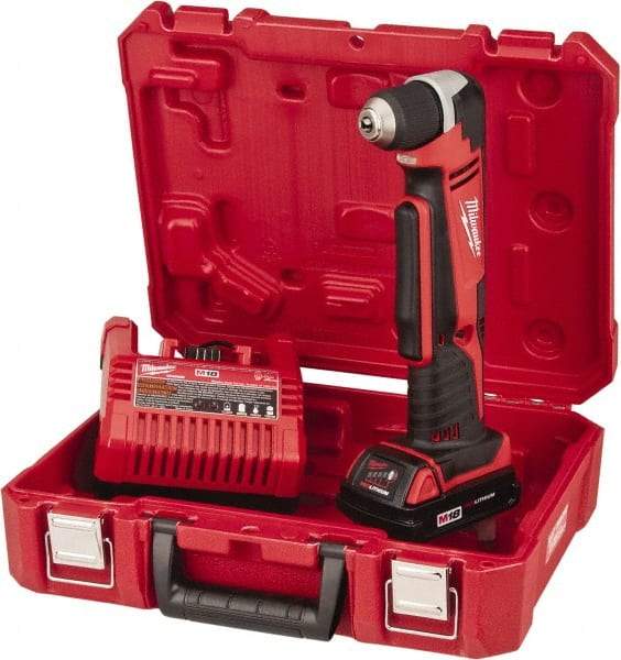 Milwaukee Tool - 18 Volt 3/8" Chuck Right Angle Handle Cordless Drill - 0-1500 RPM, Keyless Chuck, Reversible, 1 Lithium-Ion Battery Included - Americas Industrial Supply