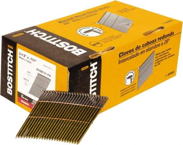 Stanley Bostitch - 11 Gauge 0.131" Shank Diam 3-1/2" Long Framing Nails for Power Nailers - Steel, Galvanized Finish, Smooth Shank, Angled Stick Wire Collation, Round Head, Diamond Point - Americas Industrial Supply
