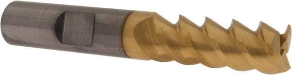 SGS - 3/8", 1" LOC, 3/8" Shank Diam, 2-1/2" OAL, 3 Flute, Solid Carbide Square End Mill - Single End, TiN Finish, Spiral Flute, 30° Helix, Centercutting, Right Hand Cut, Right Hand Flute, Series 5 - Americas Industrial Supply