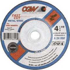 Camel Grinding Wheels - 24 Grit, 5" Wheel Diam, 1/4" Wheel Thickness, Type 27 Depressed Center Wheel - Coarse Grade, Aluminum Oxide, Resinoid Bond, 12,250 Max RPM - Americas Industrial Supply