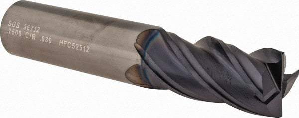 SGS - 3/4", 4 Flute, Single End, Solid Carbide, 0.03" Corner Radius End Mill - 4" OAL, Right Hand Flute, 1-1/2" LOC, Right Hand Cut - Americas Industrial Supply