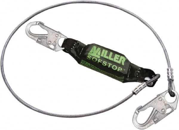 Miller - 6' Long, 310 Lb Capacity, 1 Leg Locking Snap Hook Harness Shock Absorbing Lanyard - 1-1/2" Diam, Vinyl Coated Wire Rope, Locking Snap Hook Anchorage Connection - Americas Industrial Supply