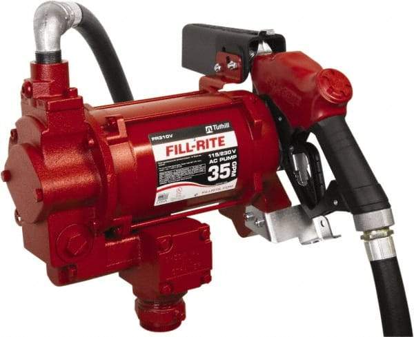 Tuthill - 35 GPM, 1" Hose Diam, Gasoline, Kerosene & Diesel Fuel AC High Flow Tank Pump with Auto Nozzle - Cast Iron Pump, 1-1/4" Inlet, 1" Outlet, 115/230 Volts, 18' Hose Length, 3/4 hp - Americas Industrial Supply