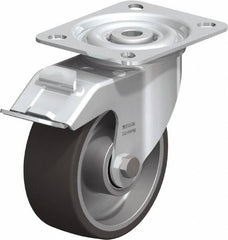 Blickle - 4" Diam x 1-9/16" Wide x 4-59/64" OAH Top Plate Mount Swivel Caster with Brake - Polyurethane-Elastomer, 220 Lb Capacity, Ball Bearing, 3-15/16 x 3-3/8" Plate - Americas Industrial Supply