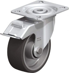 Blickle - 4" Diam x 1-9/16" Wide x 4-59/64" OAH Top Plate Mount Swivel Caster with Brake - Polyurethane-Elastomer, 220 Lb Capacity, Plain Bore Bearing, 3-15/16 x 3-3/8" Plate - Americas Industrial Supply