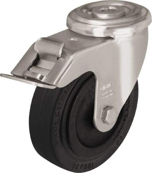 Blickle - 4" Diam x 1-3/16" Wide x 4-59/64" OAH Hollow Kingpin Mount Swivel Caster with Brake - Heat-Resistant Solid Rubber, 220 Lb Capacity, Plain Bore Bearing, Hollow Kingpin Stem - Americas Industrial Supply