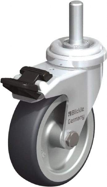 Blickle - 3" Diam x 63/64" Wide x 3-27/32" OAH Stem Mount Swivel Caster with Brake - Rubber Elastomer (TPE), 165 Lb Capacity, Plain Bore Bearing, 3/8" Threaded Stem - Americas Industrial Supply