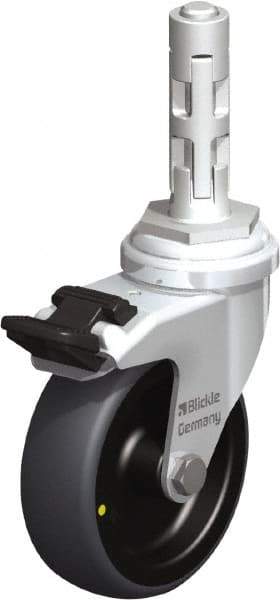 Blickle - 3" Diam x 63/64" Wide x 4" OAH Metal Expander Mount Swivel Caster with Brake - Rubber Elastomer (TPE), 110 Lb Capacity, Plain Bore Bearing, Metal Expander Stem - Americas Industrial Supply