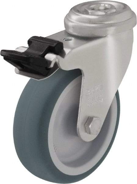 Blickle - 4" Diam x 63/64" Wide x 4-49/64" OAH Hollow Kingpin Mount Swivel Caster with Brake - Rubber Elastomer (TPE), 154 Lb Capacity, Plain Bore Bearing, Hollow Kingpin Stem - Americas Industrial Supply