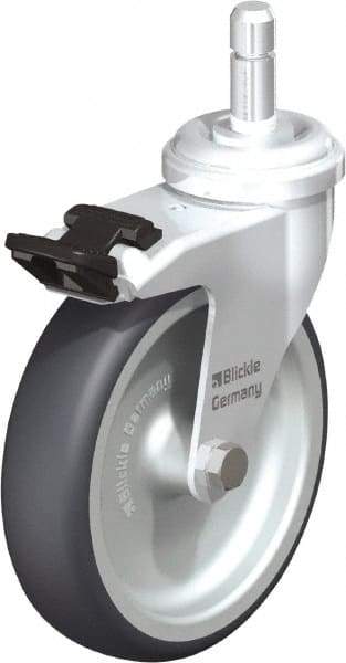Blickle - 4" Diam x 63/64" Wide x 4-49/64" OAH Stem Mount Swivel Caster with Brake - Rubber Elastomer (TPE), 154 Lb Capacity, Plain Bore Bearing, Friction Stem - Americas Industrial Supply