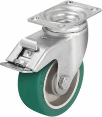 Blickle - 4" Diam x 1-9/16" Wide x 5-1/8" OAH Top Plate Mount Swivel Caster with Brake - Polyurethane-Elastomer Blickle Softhane, 400 Lb Capacity, Ball Bearing, 3-5/8 x 2-1/2" Plate - Americas Industrial Supply