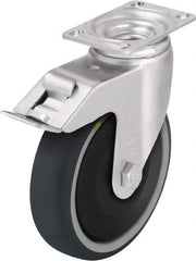 Blickle - 5" Diam x 1-1/4" Wide x 6-1/8" OAH Top Plate Mount Swivel Caster with Brake - Thermoplastic Polyurethane, 400 Lb Capacity, Ball Bearing, 3-5/8 x 2-1/2" Plate - Americas Industrial Supply
