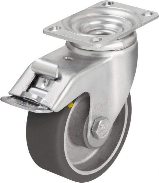 Blickle - 5" Diam x 1-9/16" Wide x 6-1/8" OAH Top Plate Mount Swivel Caster with Brake - Polyurethane-Elastomer Blickle Softhane, 400 Lb Capacity, Ball Bearing, 3-5/8 x 2-1/2" Plate - Americas Industrial Supply