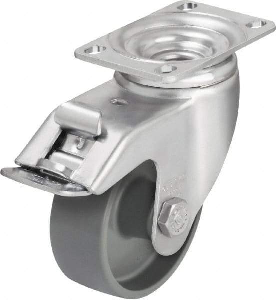 Blickle - 3-1/2" Diam x 1-1/4" Wide x 4-11/16" OAH Top Plate Mount Swivel Caster with Brake - Impact-Resistant Nylon, 400 Lb Capacity, Plain Bore Bearing, 3-5/8 x 2-1/2" Plate - Americas Industrial Supply