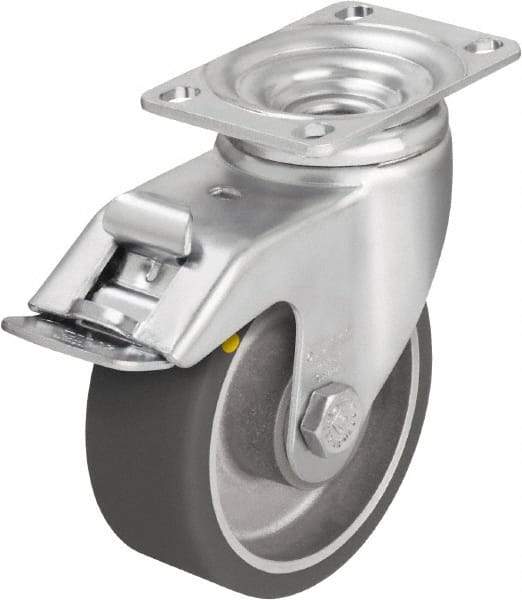 Blickle - 4" Diam x 1-9/16" Wide x 5-1/8" OAH Top Plate Mount Swivel Caster with Brake - Polyurethane-Elastomer Blickle Softhane, 400 Lb Capacity, Ball Bearing, 3-5/8 x 2-1/2" Plate - Americas Industrial Supply