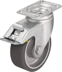 Blickle - 4" Diam x 1-9/16" Wide x 5-1/8" OAH Top Plate Mount Swivel Caster with Brake - Polyurethane-Elastomer Blickle Softhane, 400 Lb Capacity, Ball Bearing, 3-5/8 x 2-1/2" Plate - Americas Industrial Supply