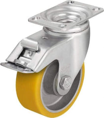 Blickle - 4" Diam x 1-9/16" Wide x 5-1/8" OAH Top Plate Mount Swivel Caster with Brake - Polyurethane-Elastomer Blickle Softhane, 400 Lb Capacity, Ball Bearing, 3-5/8 x 2-1/2" Plate - Americas Industrial Supply