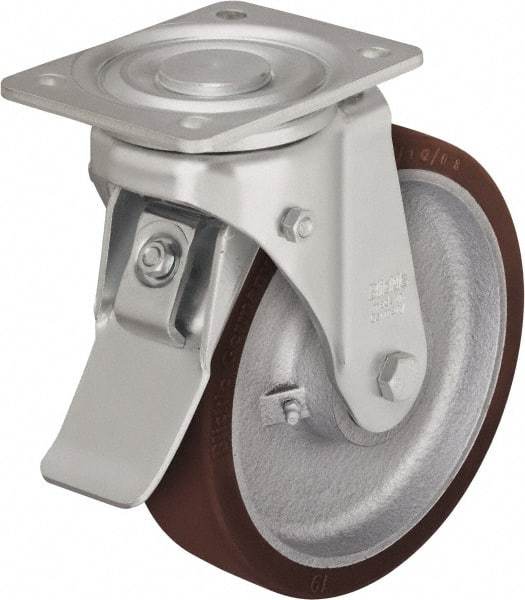 Blickle - 5" Diam x 1-31/32" Wide x 6-1/2" OAH Top Plate Mount Swivel Caster with Brake - Polyurethane-Elastomer Blickle Softhane, 1,100 Lb Capacity, Ball Bearing, 3-15/16 x 3-3/8" Plate - Americas Industrial Supply