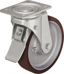 Blickle - 10" Diam x 2-23/64" Wide x 11-39/64" OAH Top Plate Mount Swivel Caster with Brake - Polyurethane-Elastomer Blickle Besthane, 1,980 Lb Capacity, Ball Bearing, 5-1/2 x 4-3/8" Plate - Americas Industrial Supply