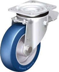 Blickle - 5" Diam x 1-37/64" Wide x 6-7/64" OAH Top Plate Mount Swivel Caster with Brake - Polyurethane-Elastomer Blickle Besthane, 770 Lb Capacity, Ball Bearing, 3-15/16 x 3-3/8" Plate - Americas Industrial Supply