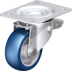 Blickle - 4" Diam x 1-37/64" Wide x 5-7/64" OAH Top Plate Mount Swivel Caster with Brake - Polyurethane-Elastomer Blickle Besthane, 660 Lb Capacity, Ball Bearing, 5-1/2 x 4-3/8" Plate - Americas Industrial Supply