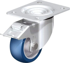 Blickle - 4" Diam x 1-37/64" Wide x 5-7/64" OAH Top Plate Mount Swivel Caster with Brake - Polyurethane-Elastomer Blickle Besthane, 660 Lb Capacity, Ball Bearing, 5-1/2 x 4-3/8" Plate - Americas Industrial Supply