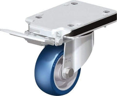 Blickle - 4" Diam x 1-37/64" Wide x 5-25/32" OAH Top Plate Mount Swivel Caster with Brake - Polyurethane-Elastomer Blickle Besthane, 660 Lb Capacity, Ball Bearing, 5-1/2 x 4-3/8" Plate - Americas Industrial Supply
