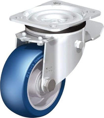 Blickle - 4" Diam x 1-37/64" Wide x 5-7/64" OAH Top Plate Mount Swivel Caster with Brake - Polyurethane-Elastomer Blickle Besthane, 660 Lb Capacity, Ball Bearing, 3-15/16 x 3-3/8" Plate - Americas Industrial Supply