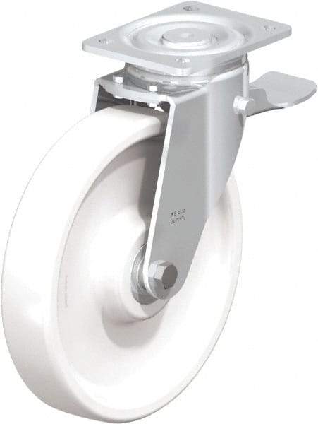 Blickle - 10" Diam x 1-31/32" Wide x 11-39/64" OAH Top Plate Mount Swivel Caster with Brake - Impact-Resistant Nylon, 1,980 Lb Capacity, Ball Bearing, 5-1/2 x 4-3/8" Plate - Americas Industrial Supply