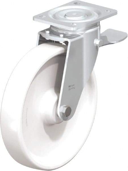Blickle - 10" Diam x 1-31/32" Wide x 11-39/64" OAH Top Plate Mount Swivel Caster with Brake - Impact-Resistant Nylon, 1,980 Lb Capacity, Plain Bore Bearing, 5-1/2 x 4-3/8" Plate - Americas Industrial Supply