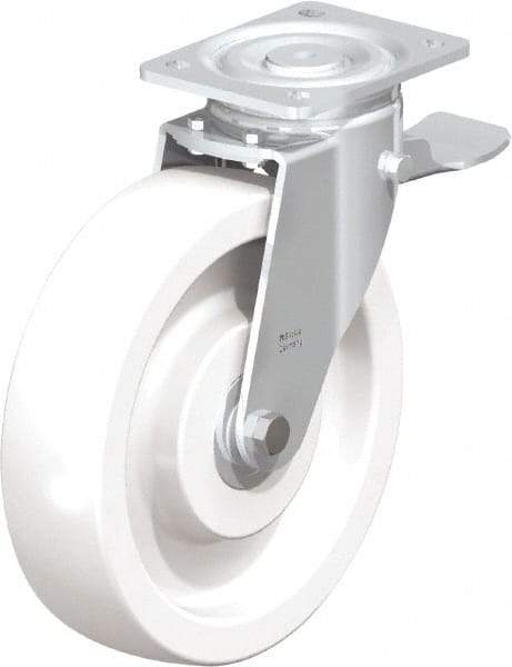 Blickle - 10" Diam x 2-9/16" Wide x 11-39/64" OAH Top Plate Mount Swivel Caster with Brake - Impact-Resistant Nylon, 1,980 Lb Capacity, Ball Bearing, 5-1/2 x 4-3/8" Plate - Americas Industrial Supply