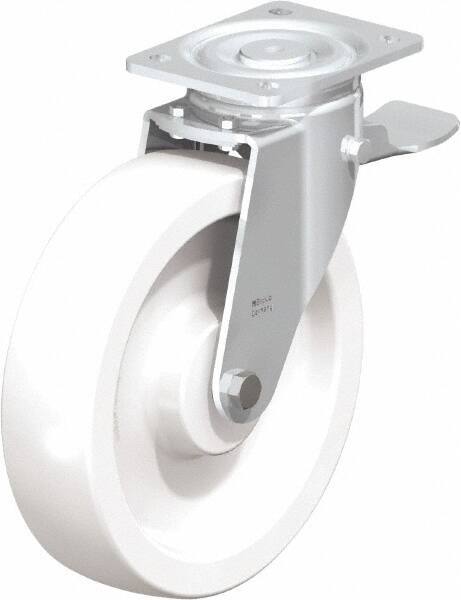 Blickle - 10" Diam x 2-9/16" Wide x 11-39/64" OAH Top Plate Mount Swivel Caster with Brake - Impact-Resistant Nylon, 1,980 Lb Capacity, Plain Bore Bearing, 5-1/2 x 4-3/8" Plate - Americas Industrial Supply
