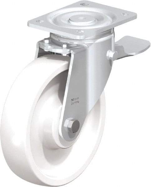 Blickle - 8" Diam x 1-31/32" Wide x 9-41/64" OAH Top Plate Mount Swivel Caster with Brake - Impact-Resistant Nylon, 1,980 Lb Capacity, Ball Bearing, 5-1/2 x 4-3/8" Plate - Americas Industrial Supply