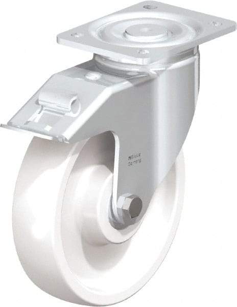 Blickle - 8" Diam x 1-31/32" Wide x 9-41/64" OAH Top Plate Mount Swivel Caster with Brake - Impact-Resistant Nylon, 1,980 Lb Capacity, Ball Bearing, 5-1/2 x 4-3/8" Plate - Americas Industrial Supply