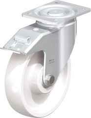 Blickle - 8" Diam x 1-31/32" Wide x 9-41/64" OAH Top Plate Mount Swivel Caster with Brake - Impact-Resistant Nylon, 1,980 Lb Capacity, Ball Bearing, 5-1/2 x 4-3/8" Plate - Americas Industrial Supply