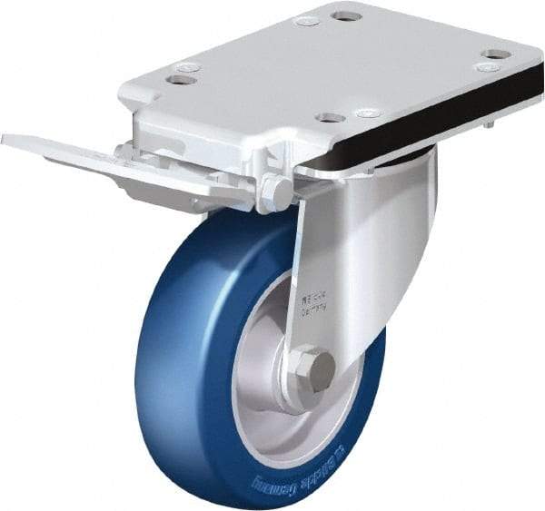 Blickle - 5" Diam x 1-37/64" Wide x 5-25/32" OAH Top Plate Mount Swivel Caster with Brake - Polyurethane-Elastomer Blickle Besthane, 770 Lb Capacity, Ball Bearing, 5-1/2 x 4-3/8" Plate - Americas Industrial Supply