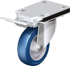 Blickle - 5" Diam x 1-37/64" Wide x 5-25/32" OAH Top Plate Mount Swivel Caster with Brake - Polyurethane-Elastomer Blickle Besthane, 770 Lb Capacity, Ball Bearing, 5-1/2 x 4-3/8" Plate - Americas Industrial Supply