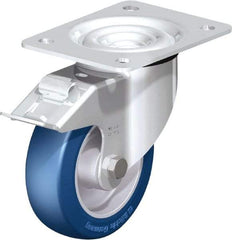 Blickle - 5" Diam x 1-37/64" Wide x 6-7/64" OAH Top Plate Mount Swivel Caster with Brake - Polyurethane-Elastomer Blickle Besthane, 770 Lb Capacity, Ball Bearing, 5-1/2 x 4-3/8" Plate - Americas Industrial Supply