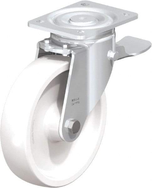 Blickle - 8" Diam x 1-31/32" Wide x 9-41/64" OAH Top Plate Mount Swivel Caster with Brake - Impact-Resistant Nylon, 1,980 Lb Capacity, Plain Bore Bearing, 5-1/2 x 4-3/8" Plate - Americas Industrial Supply